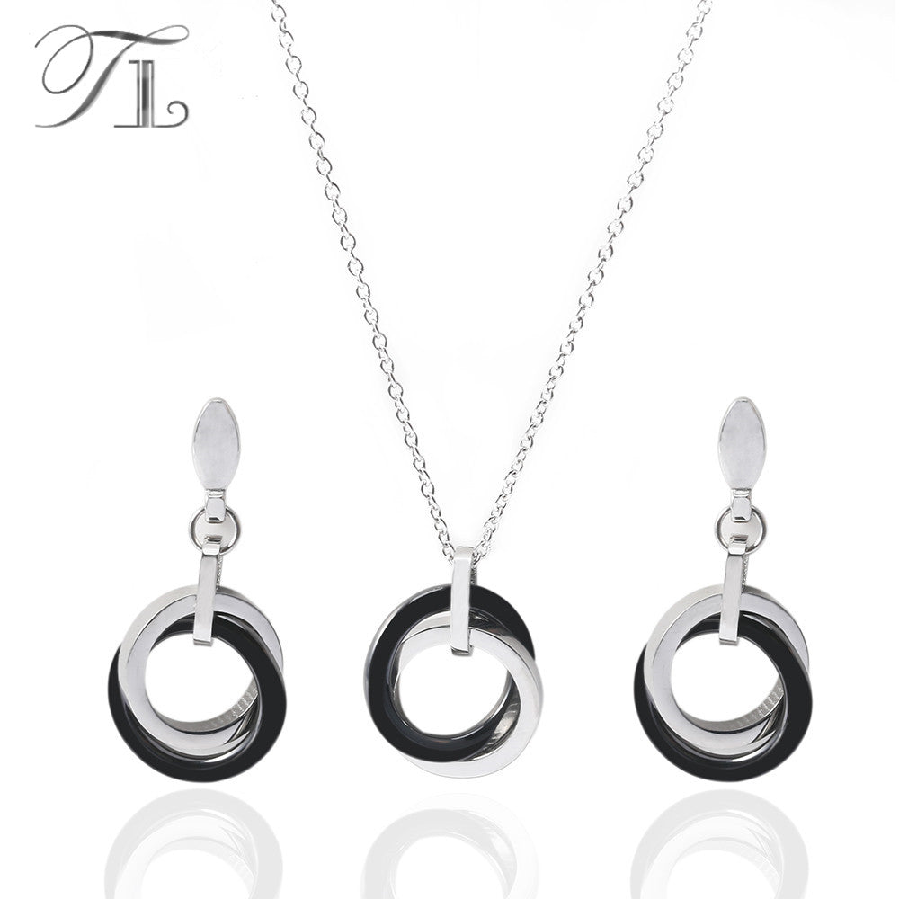 New Silver Ceramic Jewelry Set For Women Black&White Double Circle Stereoscopic Delicate Wedding Stainless Steel Jewelry Set
