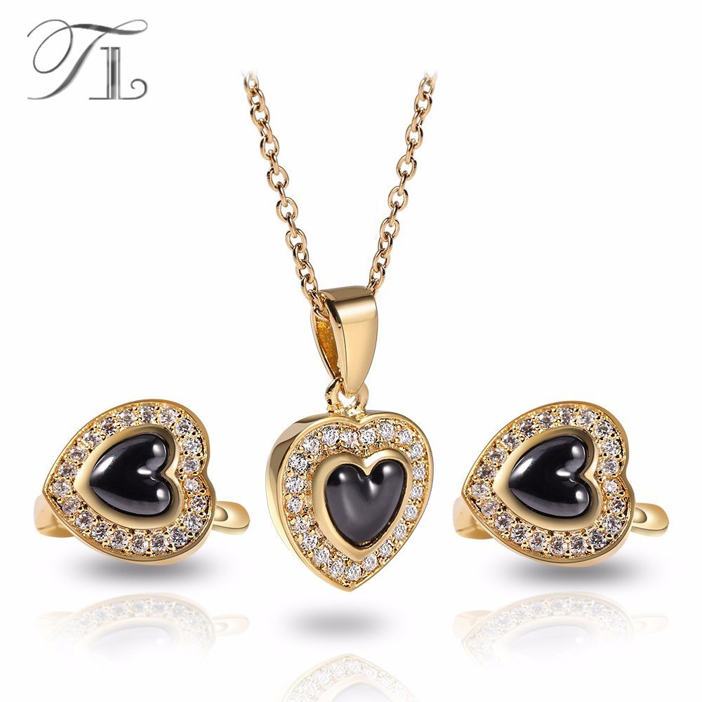 Stainless Steel Jewelry Sets Luxury Gold Color Heart Around Zircon Cute Leisure Style Wedding Ceramic Jewelry Set Never Fade