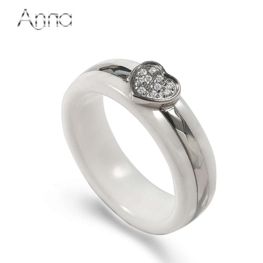 Unique Ceramic Rings Black&White Ceramic Layer Mezzanine Love Heart Cubic Zircon Stainless Steel Ring European Party Jewelry