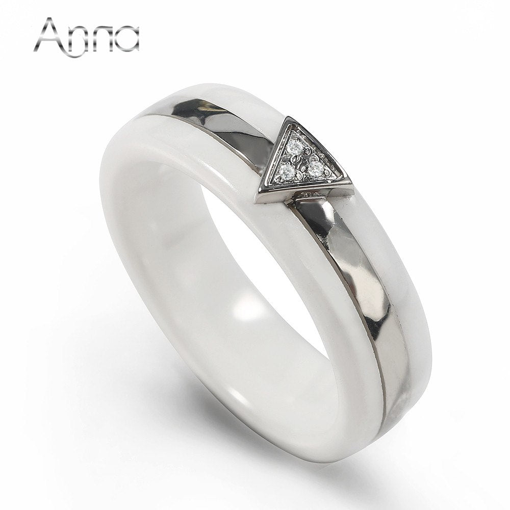 Unique Ceramic Rings Black &White Ceramic Layer Mezzanine Triangle Cubic Zircon Stainless Steel Rings European Party Jewelry