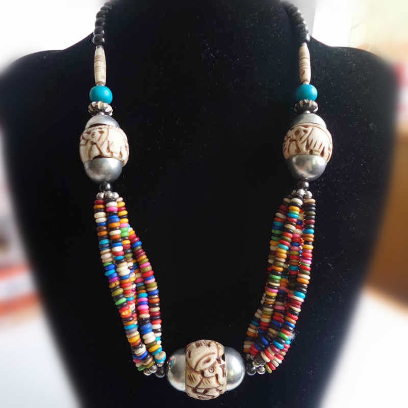 TNL235 Tibetan Handmade Colorful Yak Bone Carved Flower Ball Necklace Ethnic Vintage Jewelry