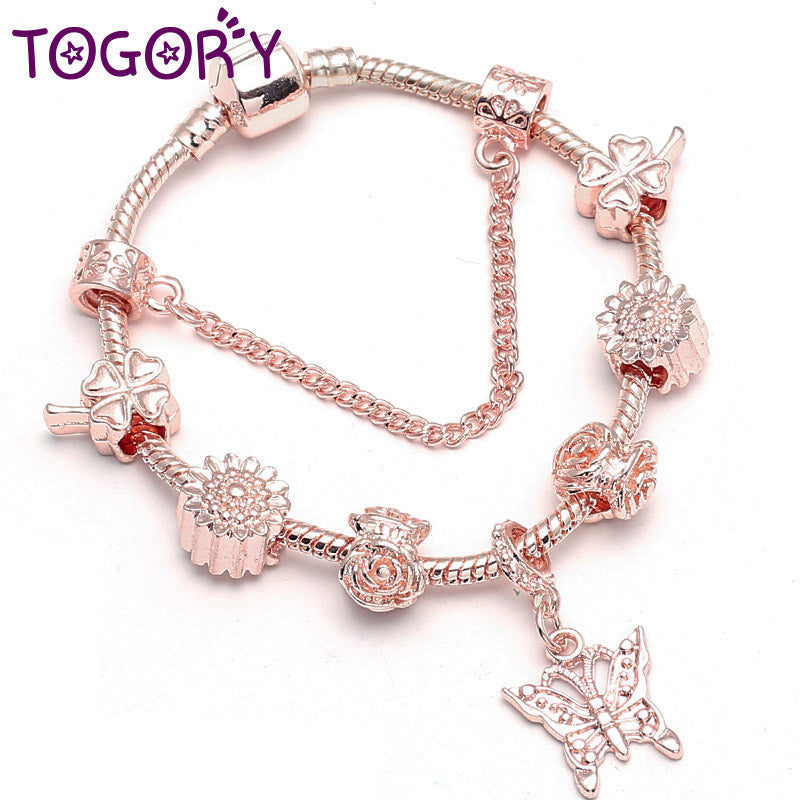 European Crystal Butterfly Pendant Charm Bracelet for Women Rose Gold Chain Beads Pandora Bracelets Pulsera Mujer