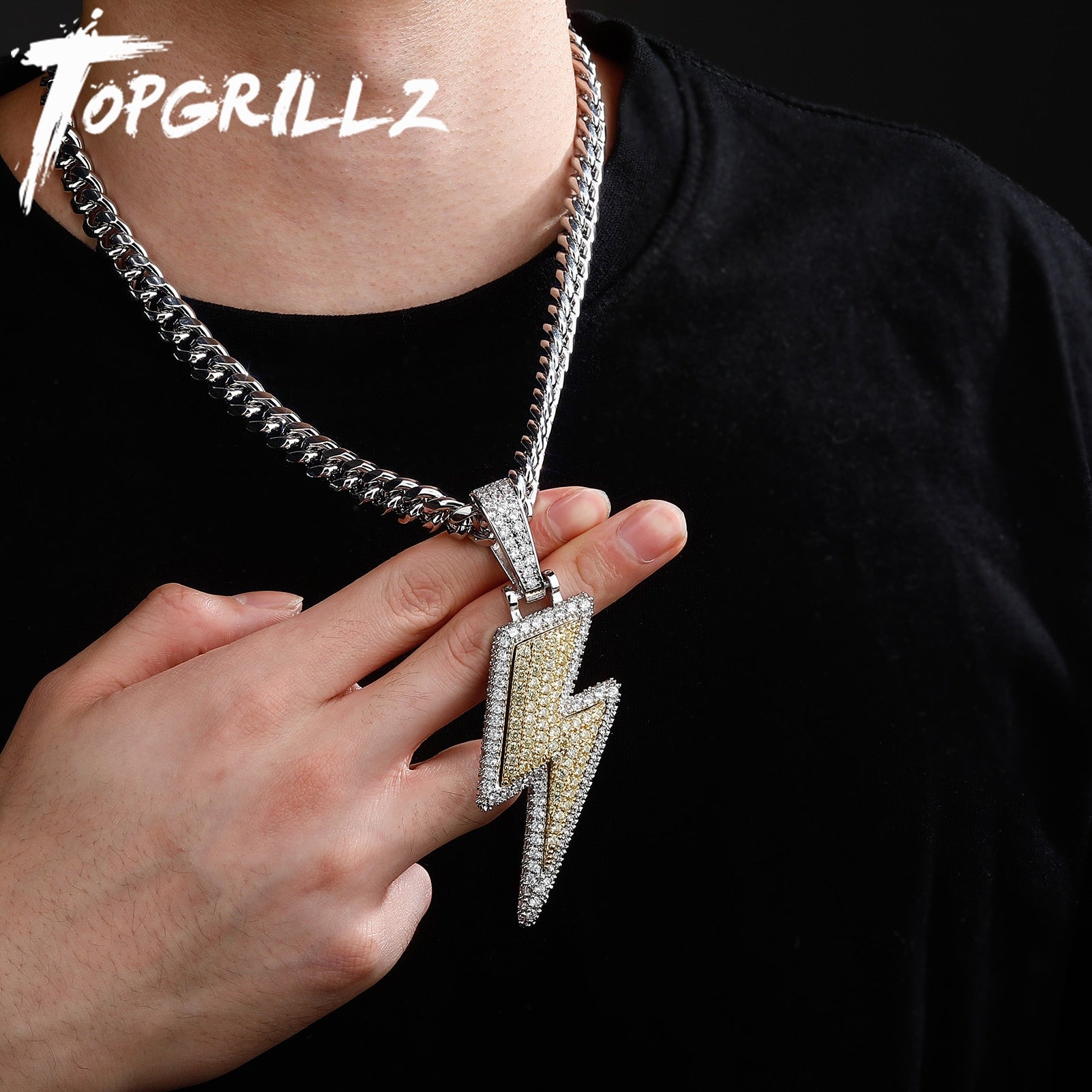 TOPGRILLZ Large Lightning Bolt Pendant Necklace  Bling Iced Out CZ Hip Hop Personalised Jewelry Gift For Men