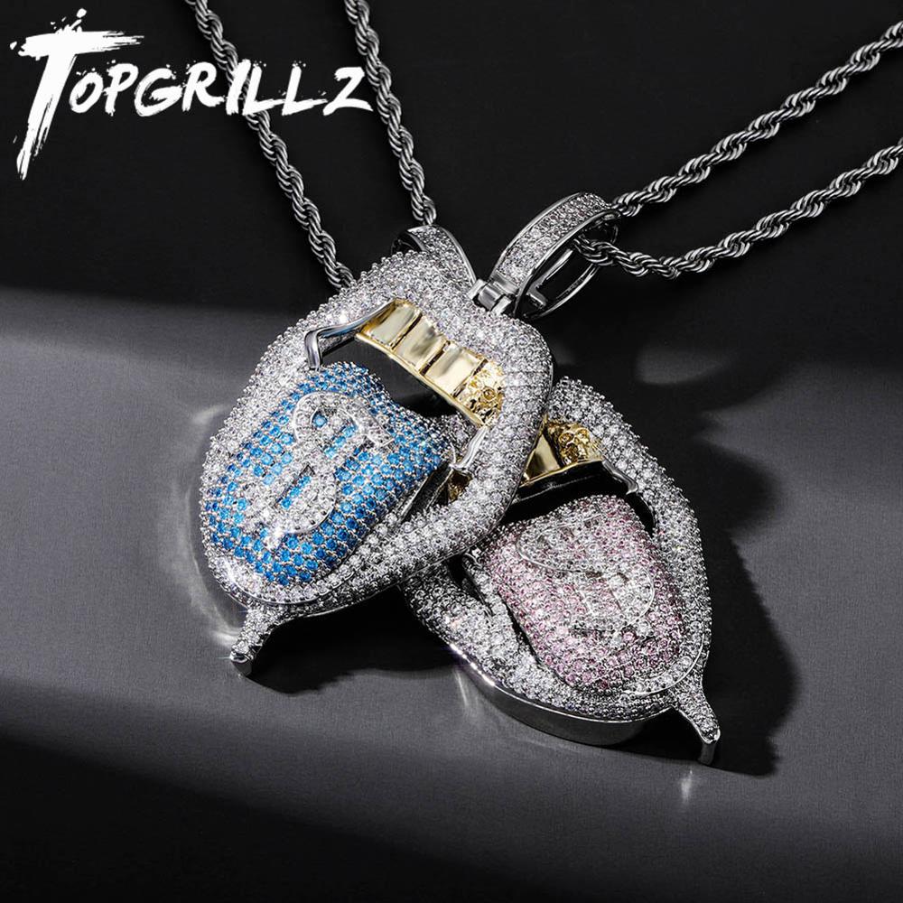 TOPGRILLZ  Copper Iced Out Cubic Zirconia Lips Pendant Necklace Colors Stone With 4mm Tennis Chain