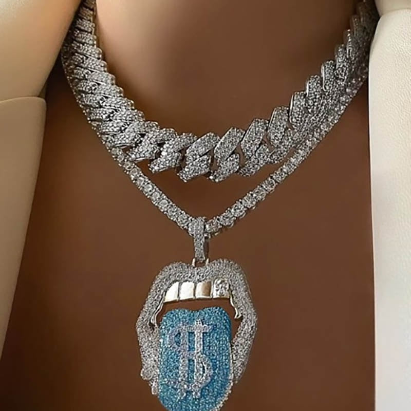 TOPGRILLZ  Copper Iced Out Cubic Zirconia Lips Pendant Necklace Colors Stone With 4mm Tennis Chain