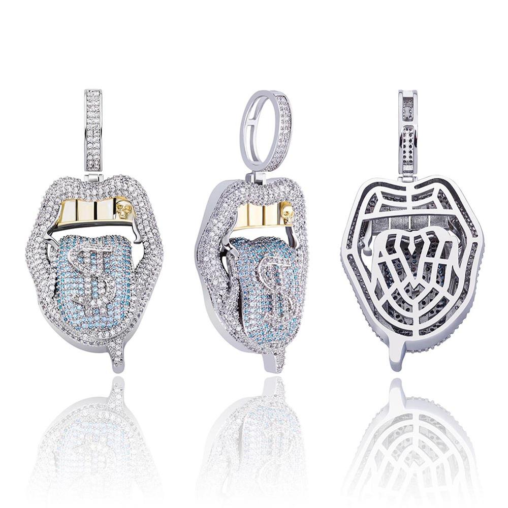 TOPGRILLZ  Copper Iced Out Cubic Zirconia Lips Pendant Necklace Colors Stone With 4mm Tennis Chain