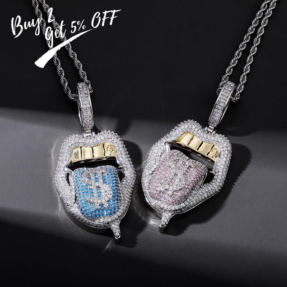 TOPGRILLZ  Copper Iced Out Cubic Zirconia Lips Pendant Necklace Colors Stone With 4mm Tennis Chain