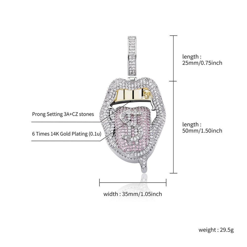 TOPGRILLZ  Copper Iced Out Cubic Zirconia Lips Pendant Necklace Colors Stone With 4mm Tennis Chain