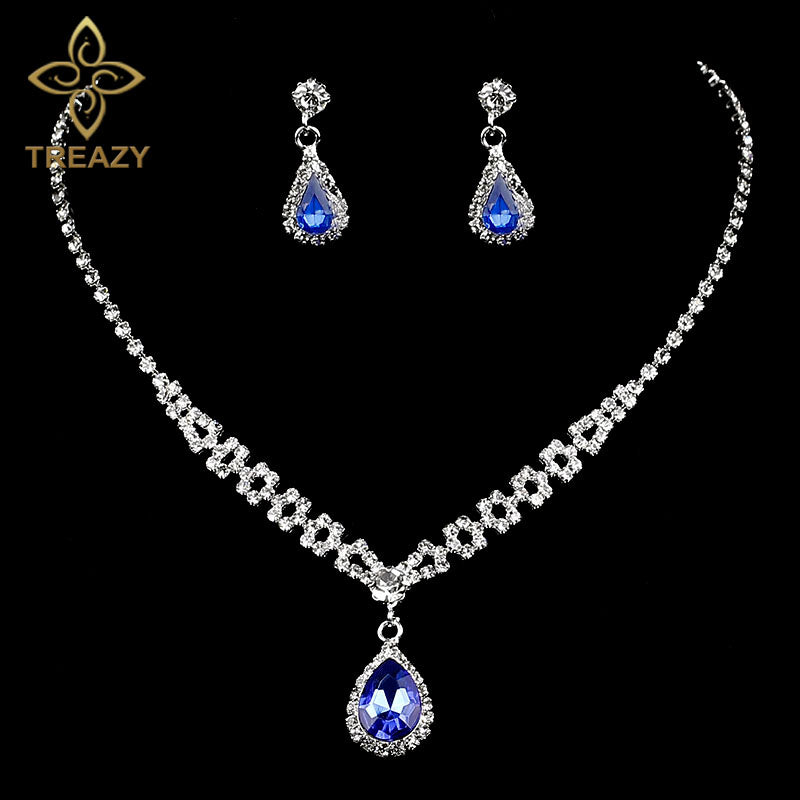 Charm Ro Blue Crystal Teardrop Bridal Jewelry Sets Choker Necklace Earrings Set for Women Wedding Engagement Jewelry