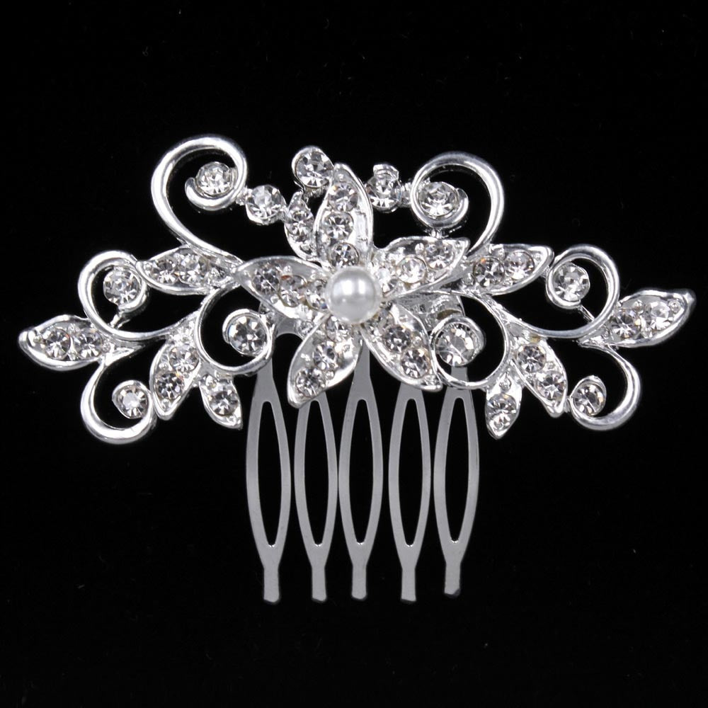 TREAZY Fashion Floral Bridal Wedding Hair Accessories Sparkling Pearl Crystal Brides Tiara Hair Combs Women Wedding Hair Jewelry