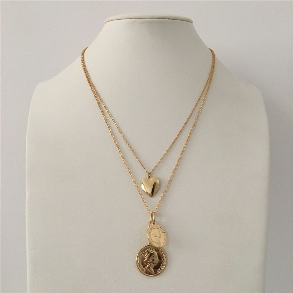 TRENDY GOLD COLOR TWO COIN MEDALLION HEART PENDANT LAYERED NECKLACE FOR WOMEN GIRL