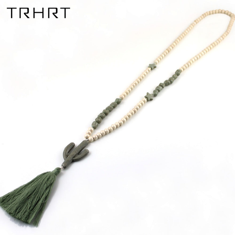 Cactus Natural Stone Tassel Pendants Glass pearl necklaces for Women Yoga Spiritual Fashion jewellery