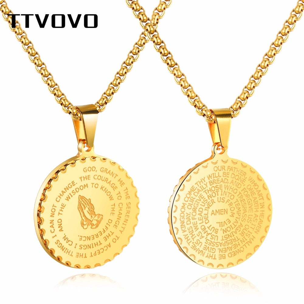 TTVOVO Bible Verse Prayer Necklaces for Men Stainless Steel The Praying Hands Coin Medal Pendant Necklace Christian Jewelry Gift