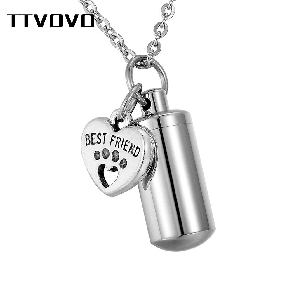 TTVOVO Pet Paw Heart Charm & Cylinder Memorial Urn for Ashes Pendant Necklace  FRIEND Ash Holder Cremation Keepsake Jewelry