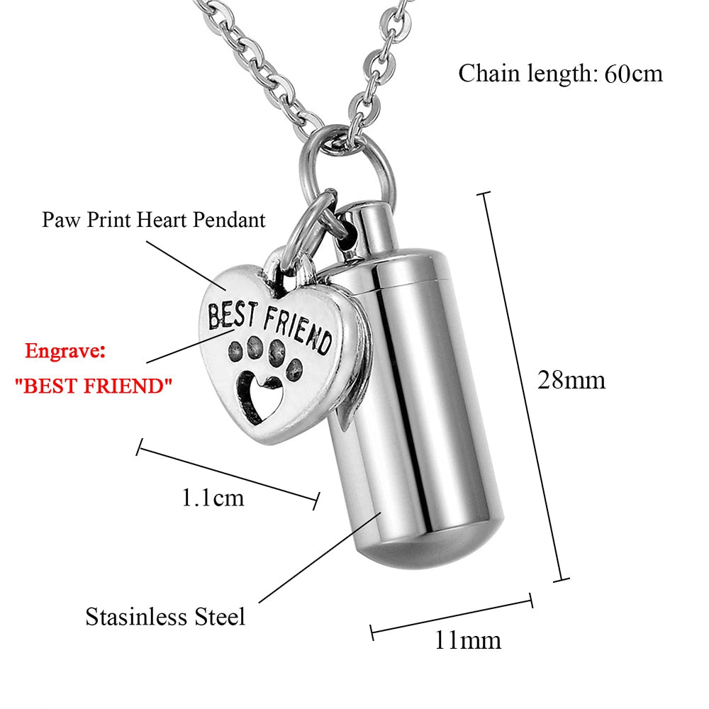TTVOVO Pet Paw Heart Charm & Cylinder Memorial Urn for Ashes Pendant Necklace  FRIEND Ash Holder Cremation Keepsake Jewelry