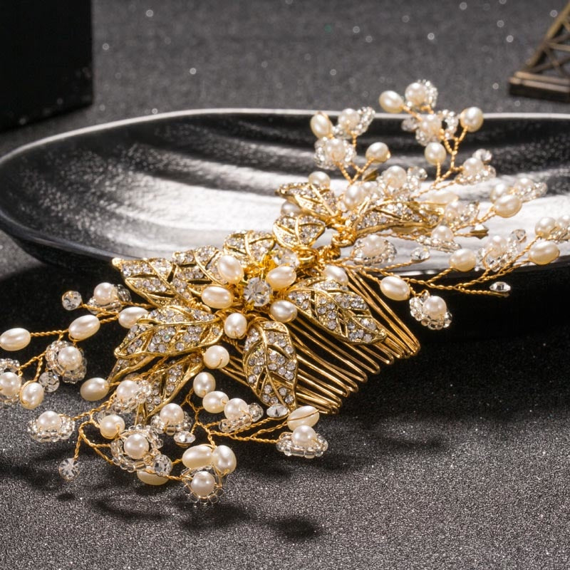 TUANMING Crystal Bride Hair Combs Handmade Pearl Rhinestone Hair Stick Gold Wedding Jewelry Bridal Starry Party Hair Accessories
