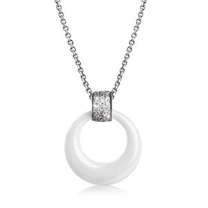 Simple Style Classic White Ceramic Hollow Round Circle Pendant Necklace 48cm Silver Color Chain Bling Crystal Women Jewelry