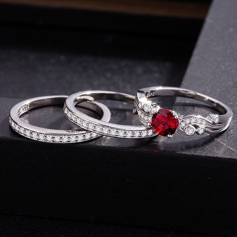 TYPEDESIGN European and American luxury Ruby three piece rings gemstone ring swarovski ring