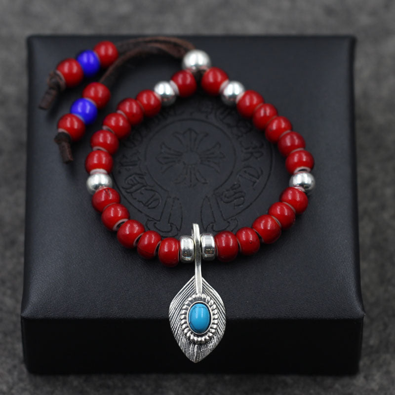 Takahashi Goro High-end Glass Beads Buckskin Rope Retro Thai Silver S925 Sterling Silver Feathers Pendant Men And Women Bracelet