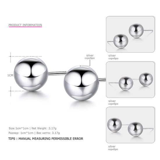 6 Size Real 925 Sterling Silver Stud Earrings for Women Classic Minimalist Ball Earring Fine Jewelry