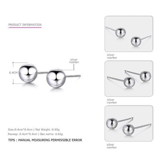 6 Size Real 925 Sterling Silver Stud Earrings for Women Classic Minimalist Ball Earring Fine Jewelry