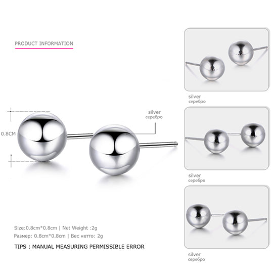 6 Size Real 925 Sterling Silver Stud Earrings for Women Classic Minimalist Ball Earring Fine Jewelry