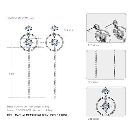 925 Silver Long Chain Dangle Drop Earrings Simple Design Chain Pendant Earrings Geometry Zircon Women Trendy Fine Jewelry