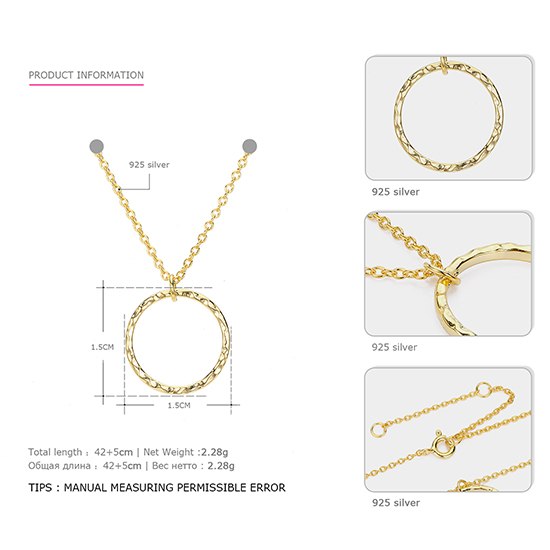 925 Silver Pendant Necklace Gold Color Classic Women Statement Necklace for Women Geometric Circle Fine Jewelry