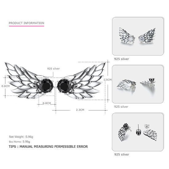 925 Silver Wings Stud Earrings For Women Punk Earrings Simple White Black Zircon Clear Feather Trendy Fine Jewelry