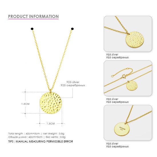 925 Silver Women Statement Pendant Necklace Gold Color Classic Geometric Shape Fashion Jewelry Necklace For Women Friends