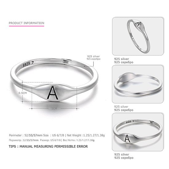 925 Sterling Silver Characters Rings for Women Letter Logo ABCDEFGHIJKLMNOPQRSTUVWXYZ Jewellery Simple Logo Charms