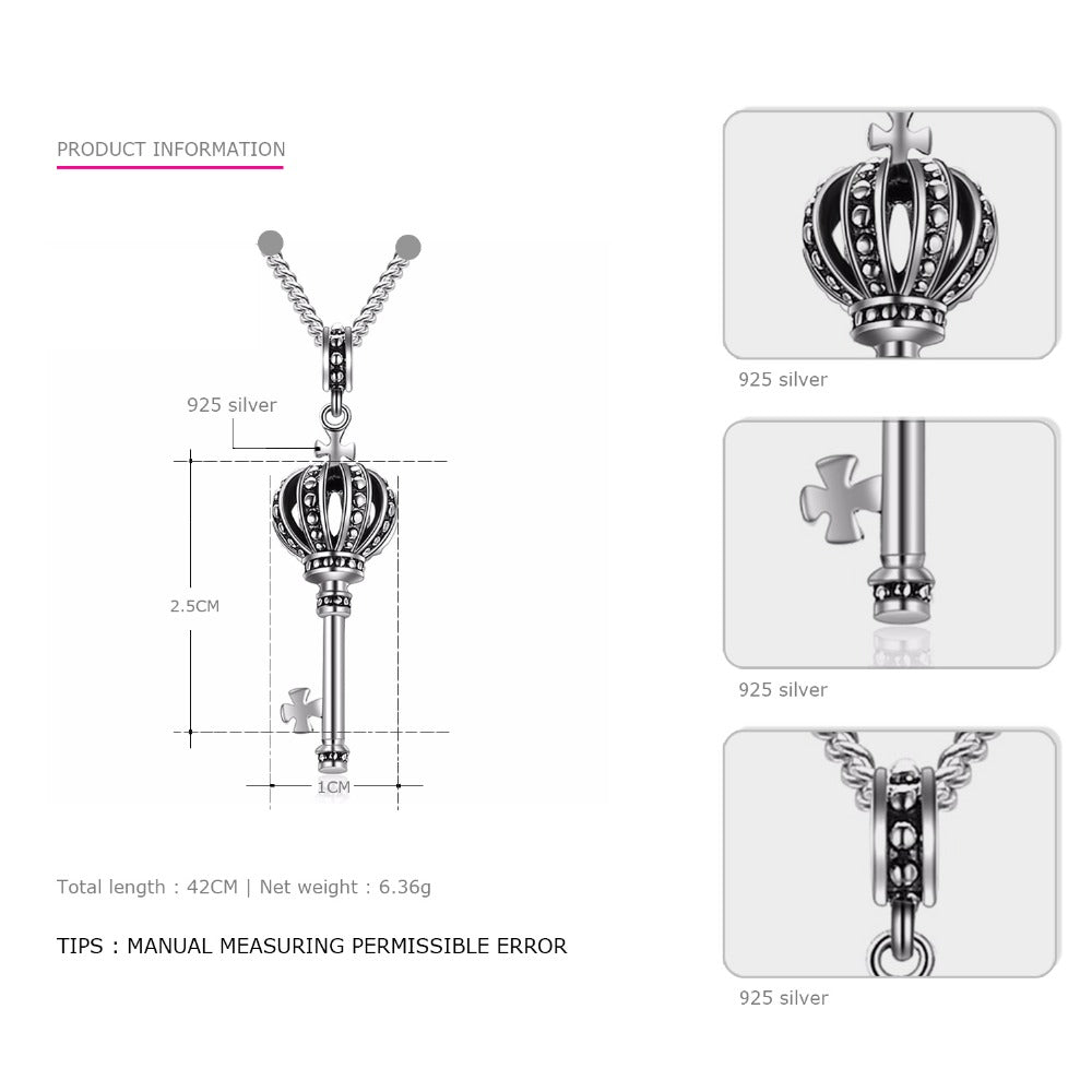 925 Sterling Silver Crown Necklaces for Women key Pendant Black Classic Noble Choker long necklace bff bohemian necklace