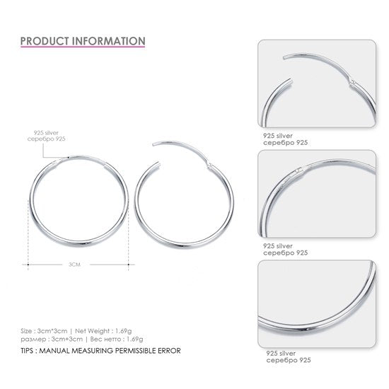 925 Sterling Silver Earring Multi Size Earring Geometric Round Circle Drop Earrings For Women Fine Jewelry Two Colors