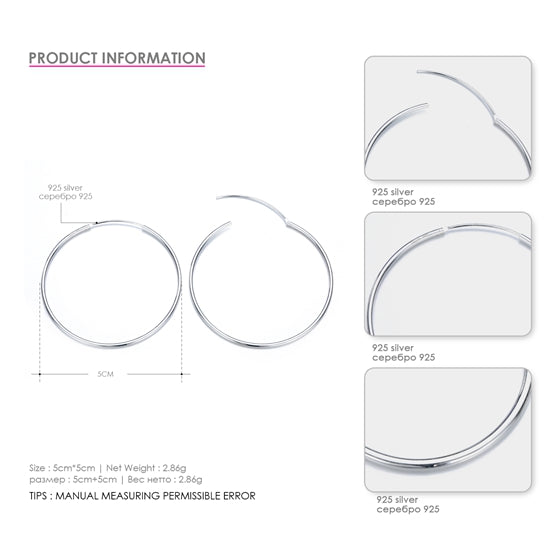 925 Sterling Silver Earring Multi Size Earring Geometric Round Circle Drop Earrings For Women Fine Jewelry Two Colors