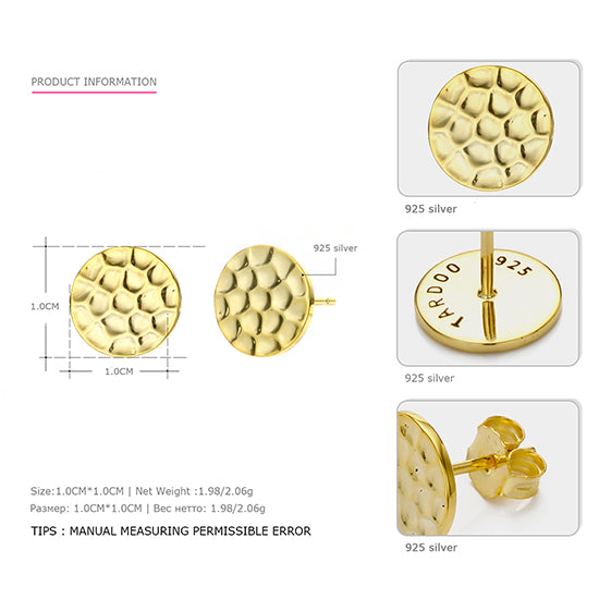 925 Sterling Silver Earrings Simple Design Geometric Round Anniversary Gold Color Stud Earring For Women Jewelry Fashion