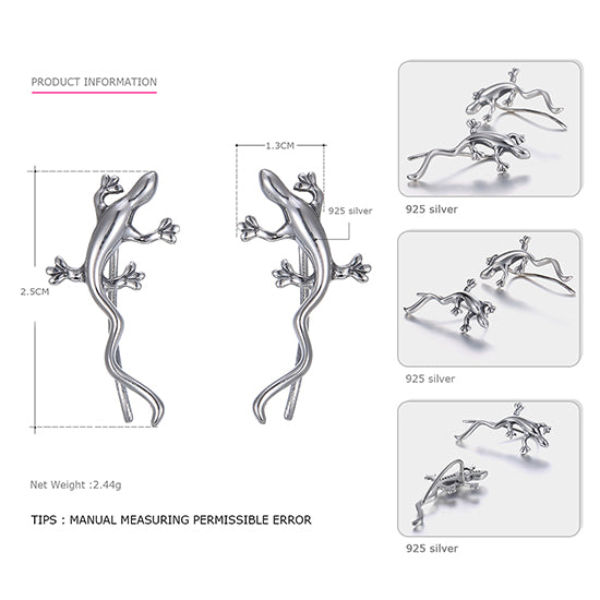 925 Sterling Silver Hook Earrings for Women Gecko Shape Sculpt Hook Earrings Boucle d'oreille fantaisie Jewelry