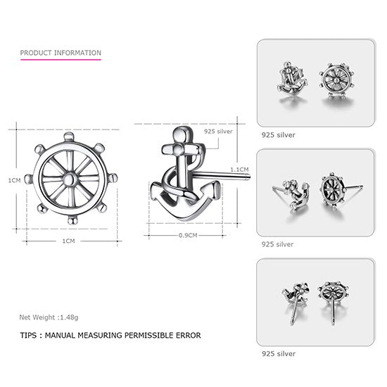 Asymmetric Anchor 925 Sterling Silver Stud Earrings Cute & Simple Style Party Jewelry for Women and Girls