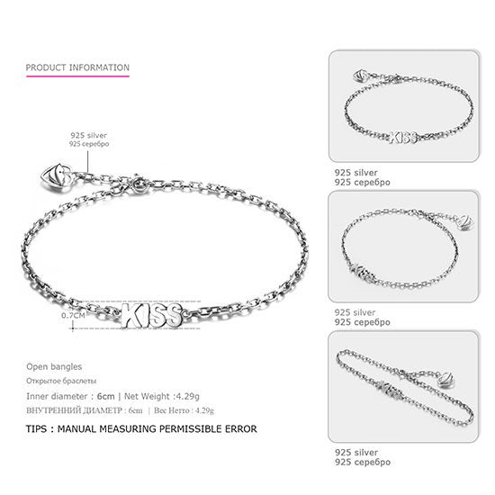 Authentic 925 Sterling Silver Bracelets for Women Kiss Charm Wedding &Lover Gifts sterling-silver-Jewelry