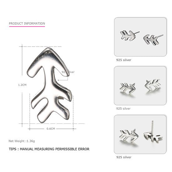 Authentic 925 Sterling Silver Fashion Women Stud Earrings fishbone Shape Trendy Style Costume Silver Jewelry