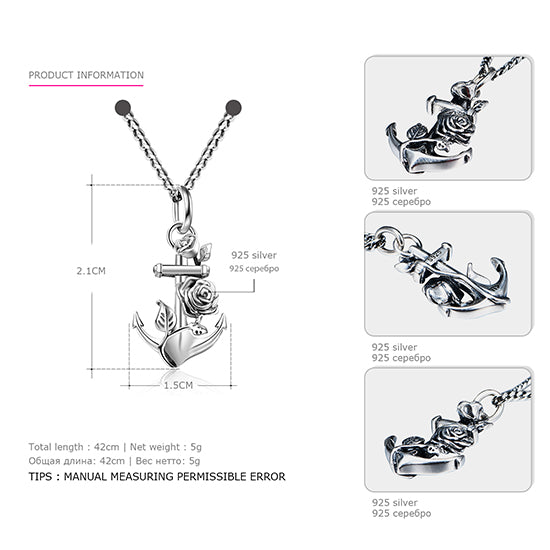 Authentic 925 Sterling Silver Necklace for Women Suspension Anchor Rose Shape Pendant Necklace Pingente Silver Jewelry