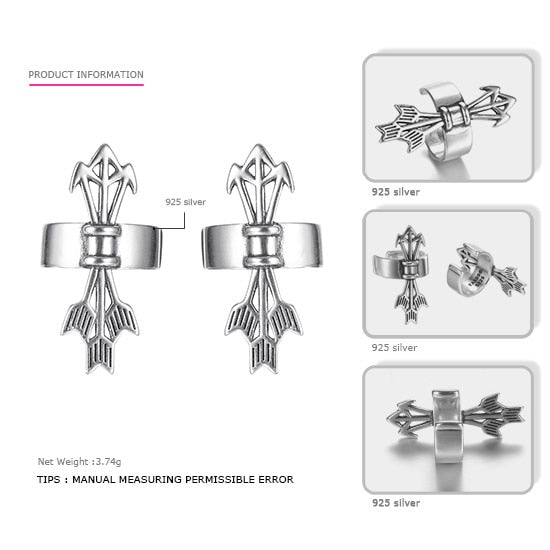 Authentic 925 Sterling Silver Sword Clip Earrings Casual & Punk Style Costume Jewelry Earrings for Women