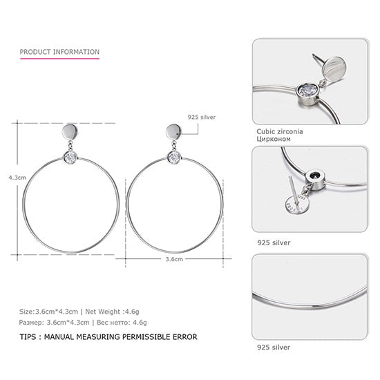 Big Circle Hoop Earrings 925 Silver Trendy White Zircon Round Circle Geometric Hoop Earrings Fine Jewelry For Women