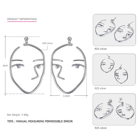 Fabulos Genuine 925 Sterling Silver Stud Earrings for Women Hunan Face Modelling Personality Earrings Brand Fine Jewelry