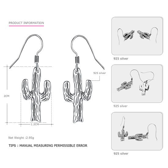 Fashion Cactus 925 Sterling Silver Drop Earrings Female Minimalist Cacti Post Earrings Brincos Party Girl Gifts Women