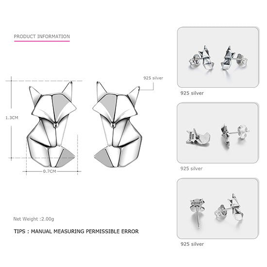 Fox Shape Genuine 925 Sterling Silver Stud Earrings for Women Lovely & Classic Style Brand Fine Jewelry