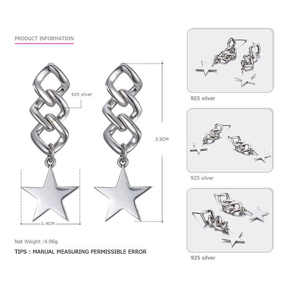 Genuine 925 Sterling Silver Long Earrings for Women Five-Pointed-Star&Spiral Shape Angeling Earrings Brand Fine Jewelry