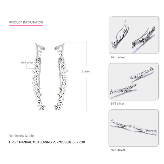 Genuine 925 Sterling Silver Long Hook Earrings for Women Alphabet Typeface Unique Stud Earrings Brand Fine Jewelry