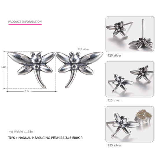 Genuine 925 Sterling Silver Stud Earrings for Women Dragonfly Insect Modelling Shimmering Earrings Brand Fine Jewelry