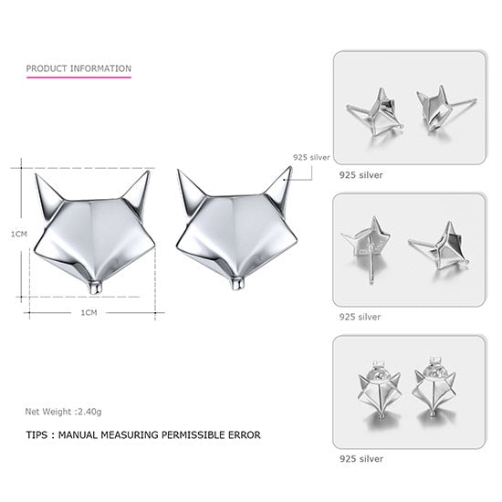 Genuine 925 Sterling Silver Stud Earrings for Women Fox Shape Lovely & Classic Style Brand Fine Jewelry