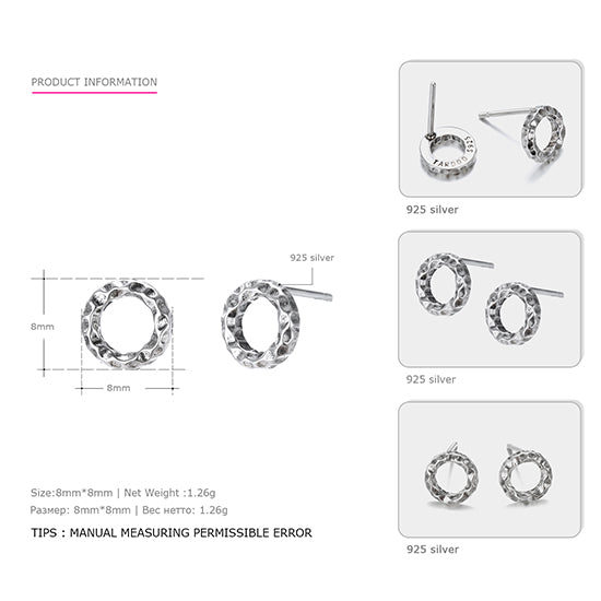 Genuine 925 Sterling Silver Stud Earrings for Women Geometry Round Simple Stud Earrings Brand Fine Jewelry